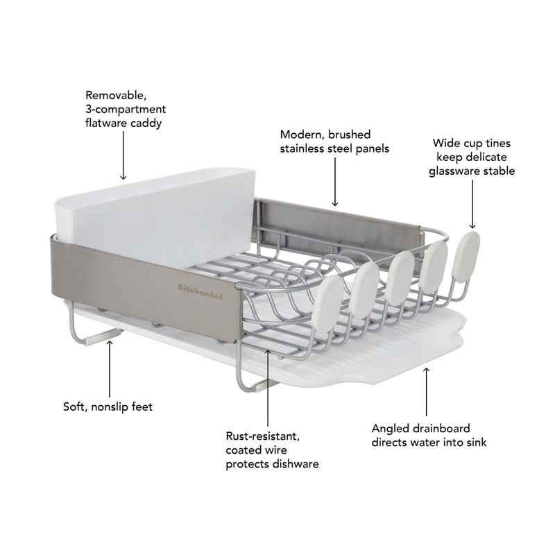 Compact White and Stainless Steel Dish Rack with Drainboard