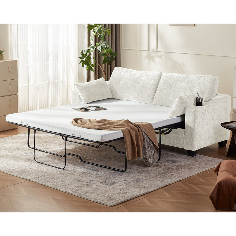 Pull Out Sofa Bed Queen Size Sleeper Sofa, 2-in-1 Convertible Chenille Couch With Usb Charging, Beige Chenille