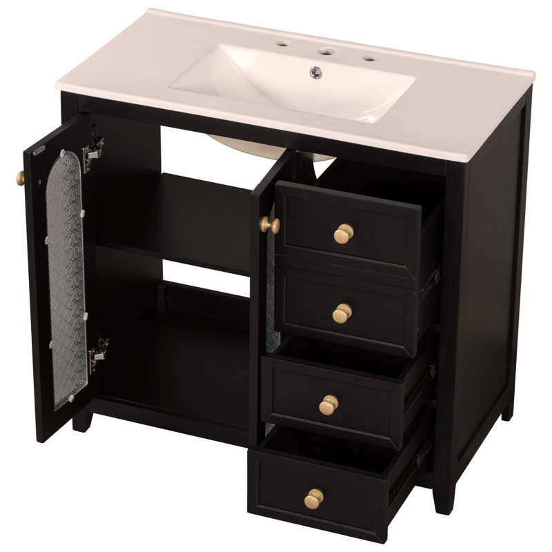 Meuble-lavabo de 36 pouces avec deux portes à fermeture douce, des tablettes réglables et trois tiroirs