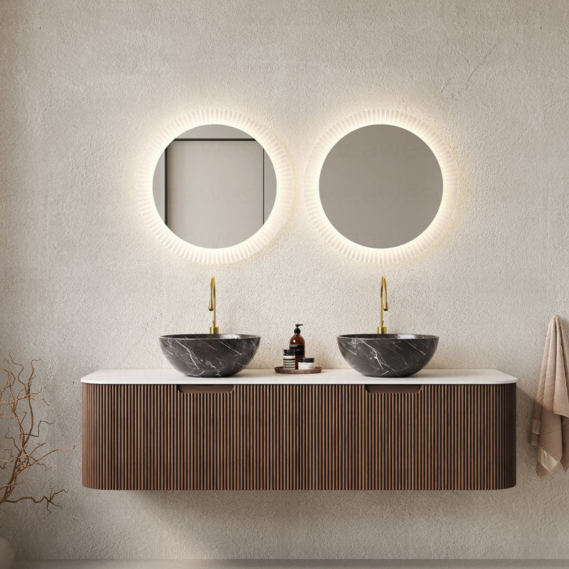 Meuble-lavabo de salle de bain 60 po avec lavabos, 2 tiroirs, 2 lavabos en céramique noir avec motif de pierre, pré-assemblé, couleur noyer