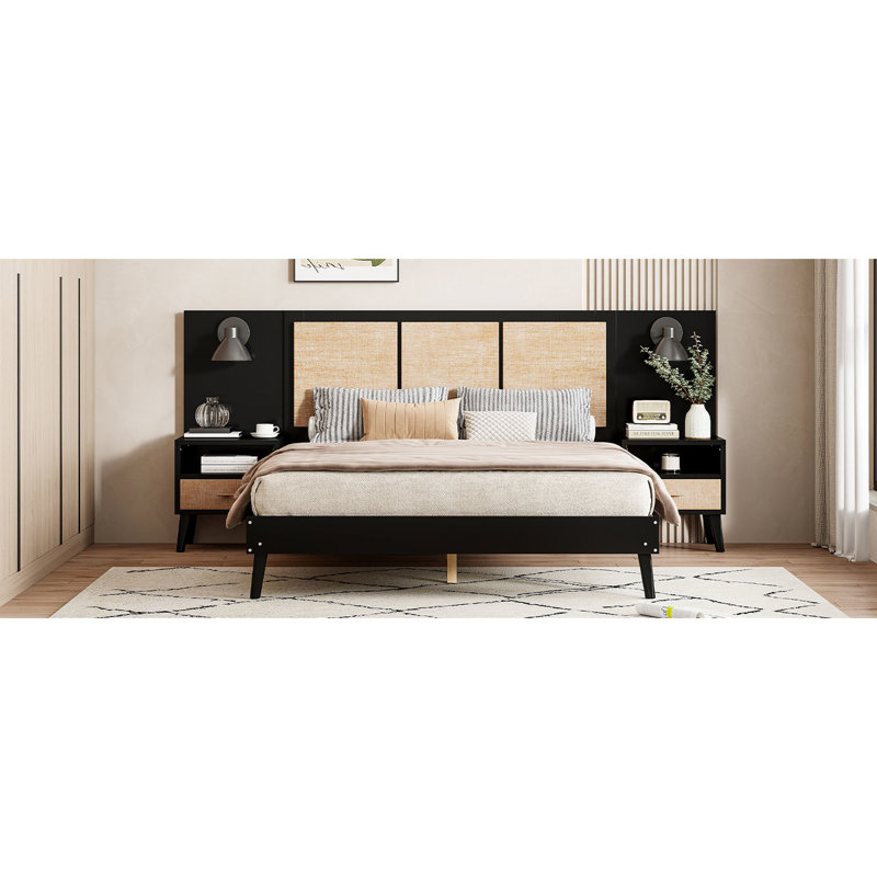 Élégante base de lit en bois massif noir avec 2 tables de chevet et lampes pratiques, Union for A Graceful Black. , Contemporain