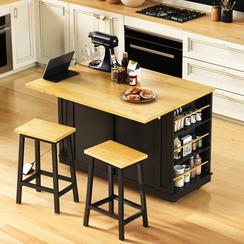 Large Kitchen Island With 2 Bar Stools, Black