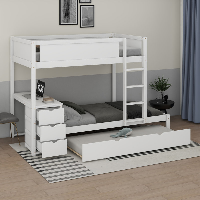 Lit superposé simple au-dessus de simple avec lit gigogne simple, rangement et bureau