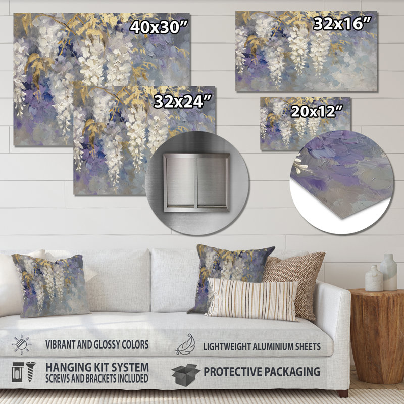 Reproduction d'art murale arbre blanc Wisteria, Métal métal, H 30 po x l 40 po x P 1,5 po