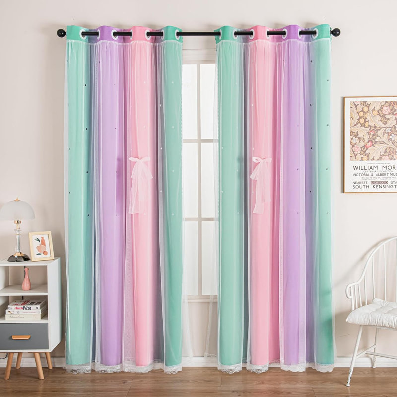 Rideau occultant à 2 panneaux pour rideaux pour fille , Vert / Rose / Mauve, L 42 po x L 84 po