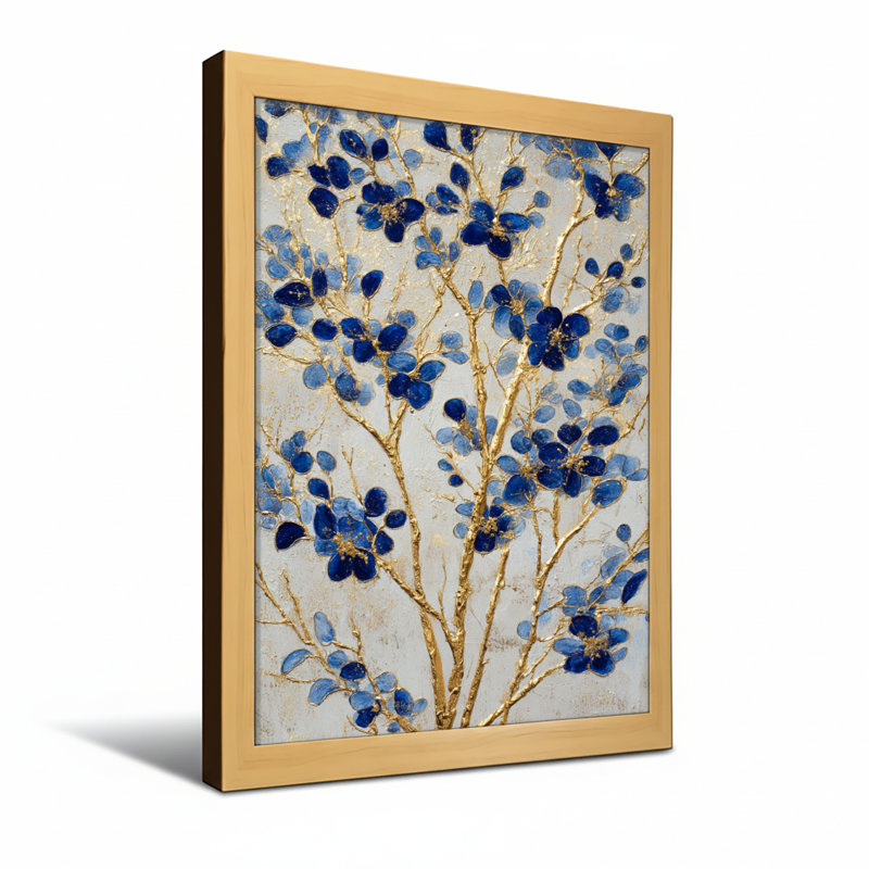 Plantes et fleurs, fleurs bleues, branches dorées, H 24 po x l 16 po, Toile tendue, Ne s’applique pas