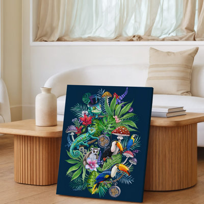 Toile, création d'une scène de jungle vibrante et détaillée avec art mural varié de plantes et d'animaux exotiques