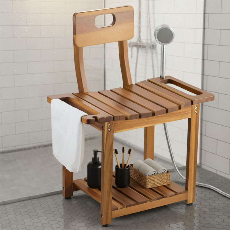 23.3-Inch Shower Chair With Backrest, Non-Slip Footrest, Storage Rack, Built-In Armrests, Suitable For Seniors And Adults, Weight Capacity 450 Lbs, Brown