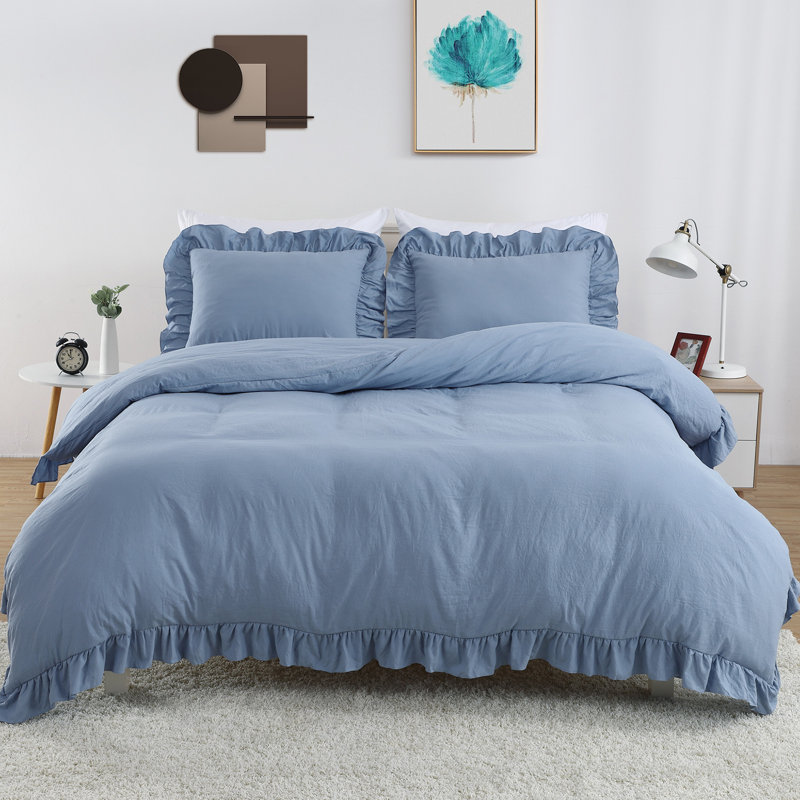 Ensemble de housse de couette à très grand lit, 2 pièces Shabby Chic Farmhouse, motif à volants rétro, microfibre douce, bleu