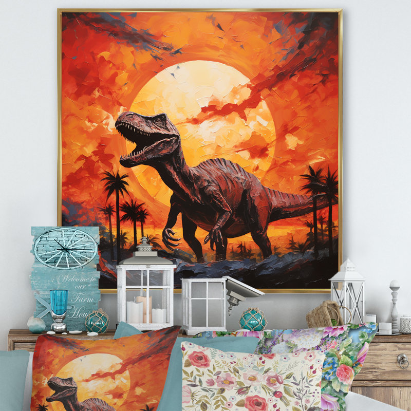Coucher de soleil de dinosaure rouge et jaune I - art de mur de dinosaure, Cadre flottant doré, H 16 po x l 16 po