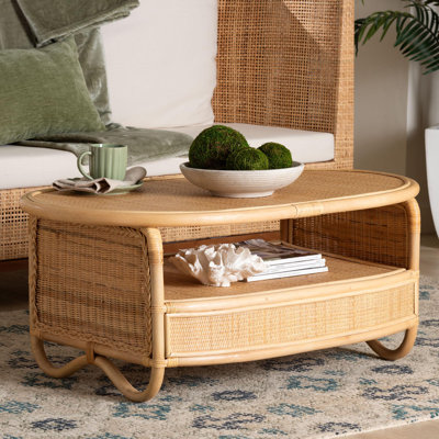 Bali & Pari Dyna Natural Rattan Coffee Table With Open Shelf - Handwoven Wicker Accent Table With Oval Tabletop And Braided Weavings, Coastal Boho Living Room Centerpiece