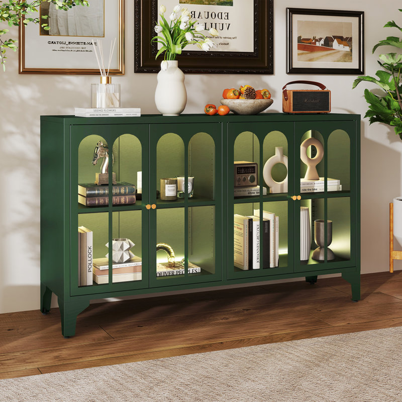 53.2" W Metal Sideboard Buffet Cabinet With Glass Door, Adjustable Shelves, COB LED Light, Dark Green