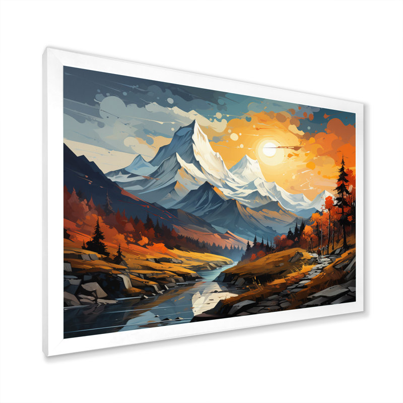 «Orange Teal Mountains Majestic Peaks Collage IV», reproduction sur toile, H 16 po x l 32 po x P 1 po, Cadre simple blanc