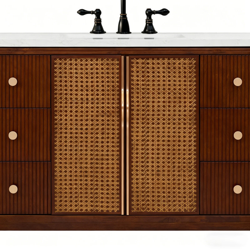48" Freestanding Single Sink Solid Wood Mid-Century Glam Bath Vanity with Engineered Marble Top, Brown