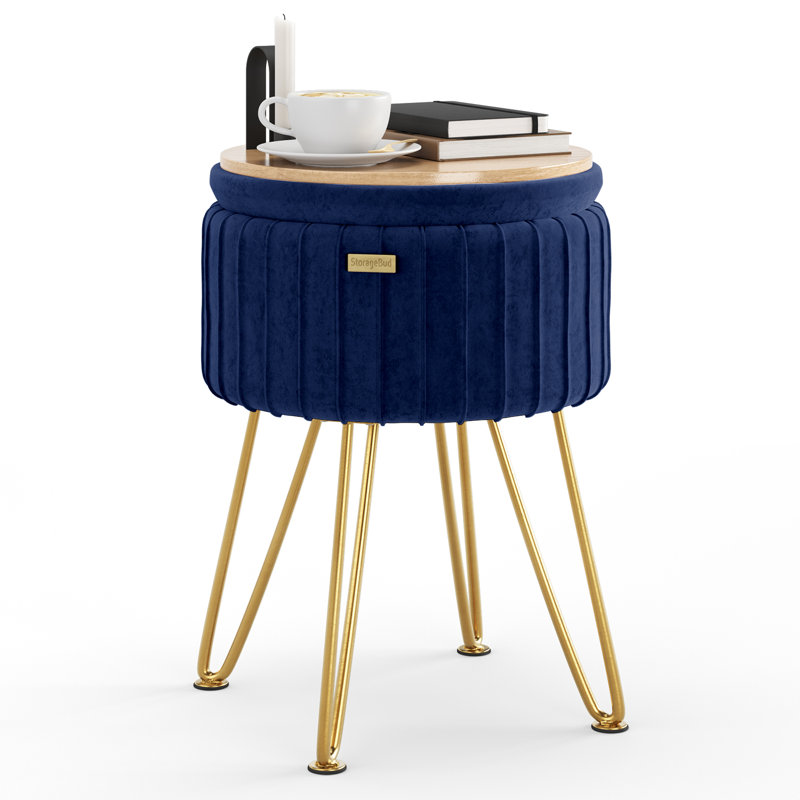 Round Pleated Velvet Ottoman with Storage, Gold, Blue