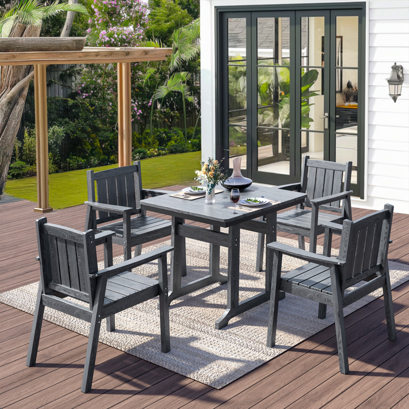 Ensemble de salle à manger d'extérieur 5 pièces en PEHD avec fauteuils, Gris