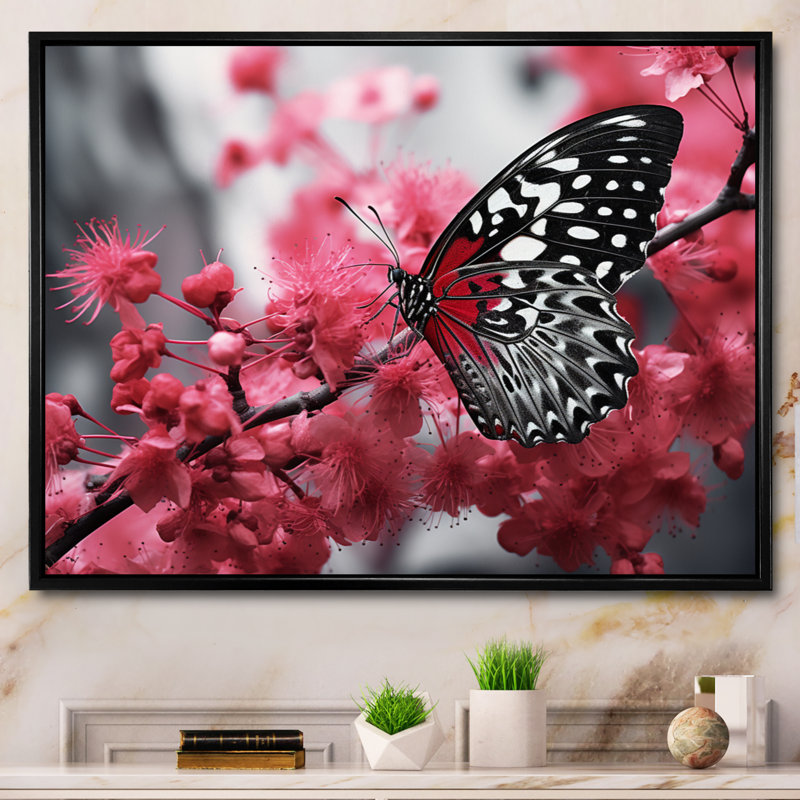 Claymoore, rose, papillon noir, refuge sur toile, Cadre flottant doré, H 34 po x l 44 po x P 1,5 po