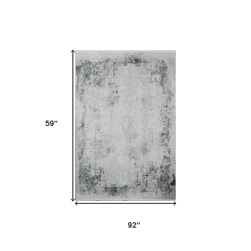 Tapis abstrait gris et blanc 5 pi x 8 pi avec franges