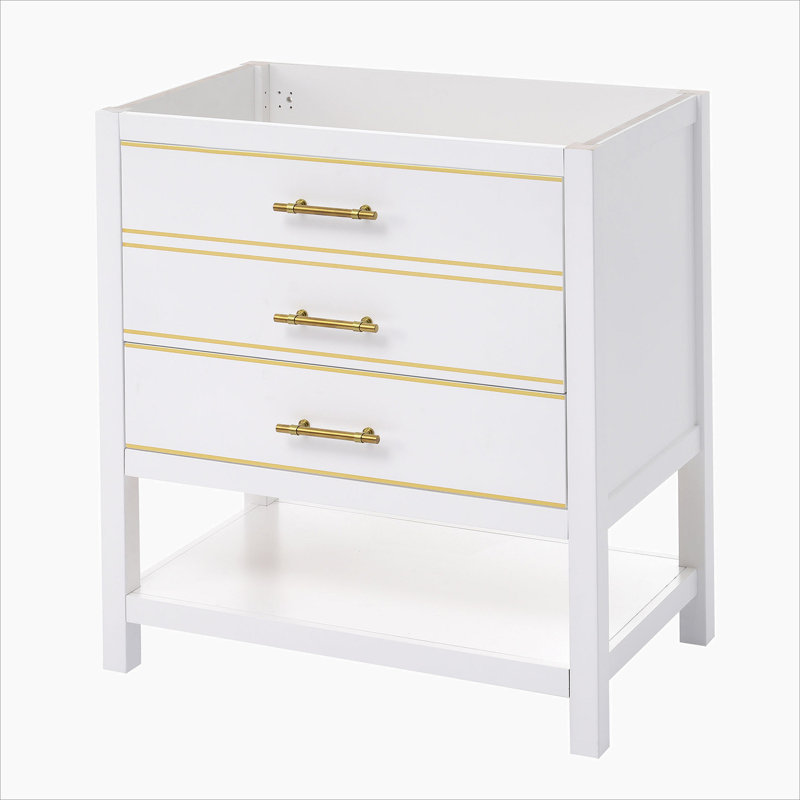 White and Gold 30" Bathroom Vanity Cabinet with Open Storage