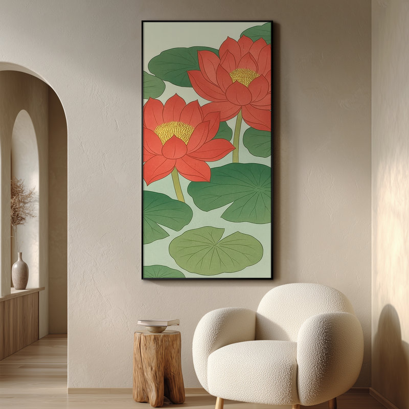 Très grande reproduction d'art sur toile - Fleurs de lotus rouges et feuilles vertes, décoration pour le salon ou la chambre à coucher - «Assemblage requis du cadre (cadre non fini)»