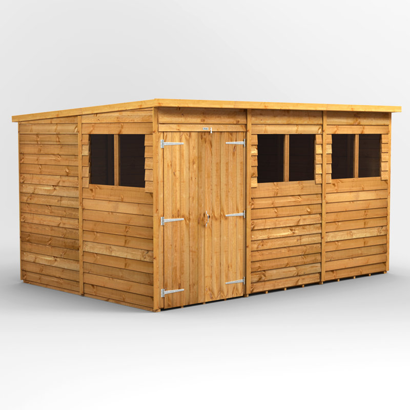 Powersheds 12 x 8ft Timber Overlap Pent Garden Shed, Double Doors