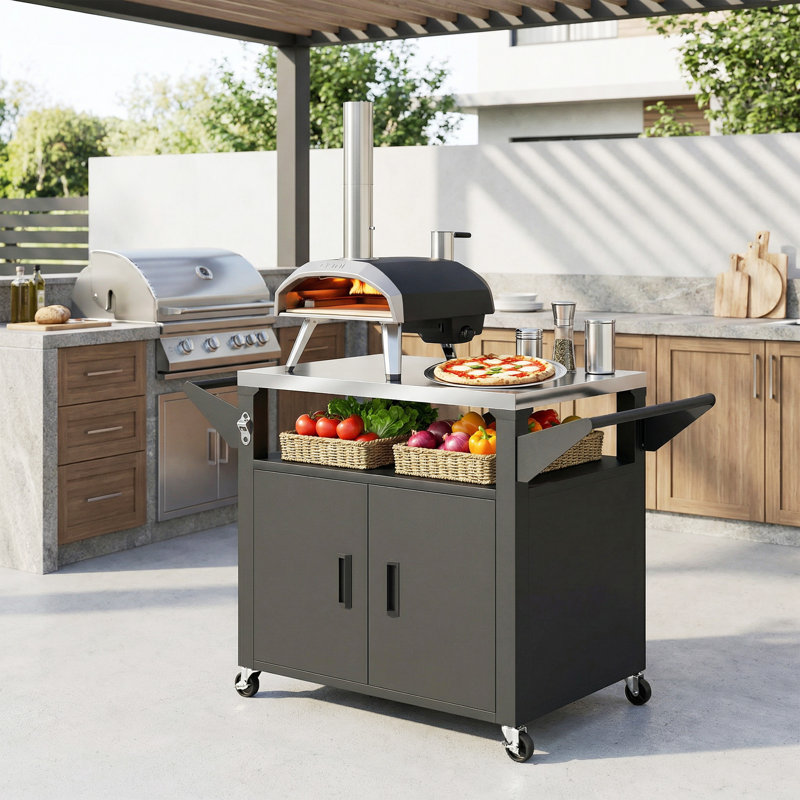 Chariot-grill avec armoire de rangement, support de four à pizza à 3 tablettes, noir