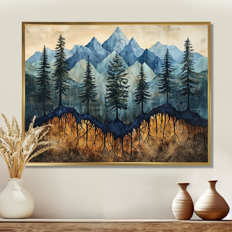 Gerboth Mountain Forest Pine Tree Roots II - montagnes, art mural, H 34 po x l 44 po, Reproduction avec cadre flottant, Doré