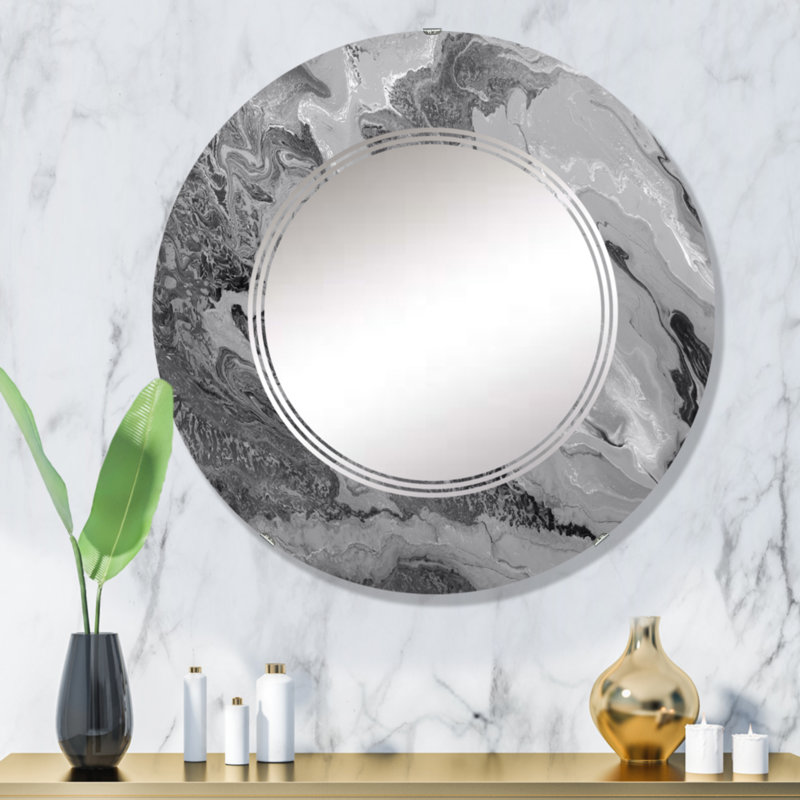 Miroir mural abstrait, art décoratif liquide gris ondulé, 32 po x 32 po