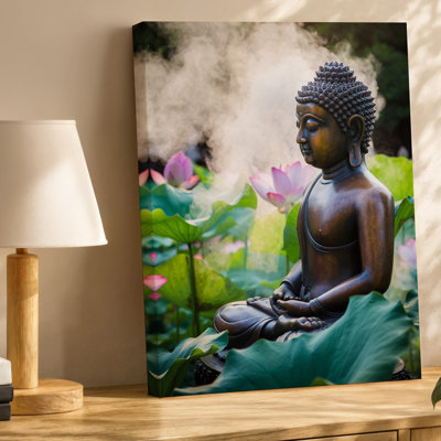 Canvas A Serene Scene Featuring A Bronze Buddha Statue Seated In Wall Art A Meditative Pose Surrounded By Lush Green Lotus Leaves And Canvas Wall Art