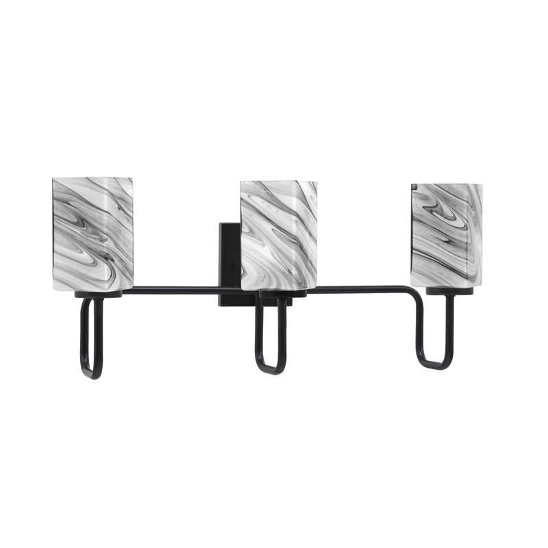 Barre d'éclairage de salle de bain 3 lumières Amarmula, finition noir mat, verre carré onyx tourbillon 3,5 po, Noir