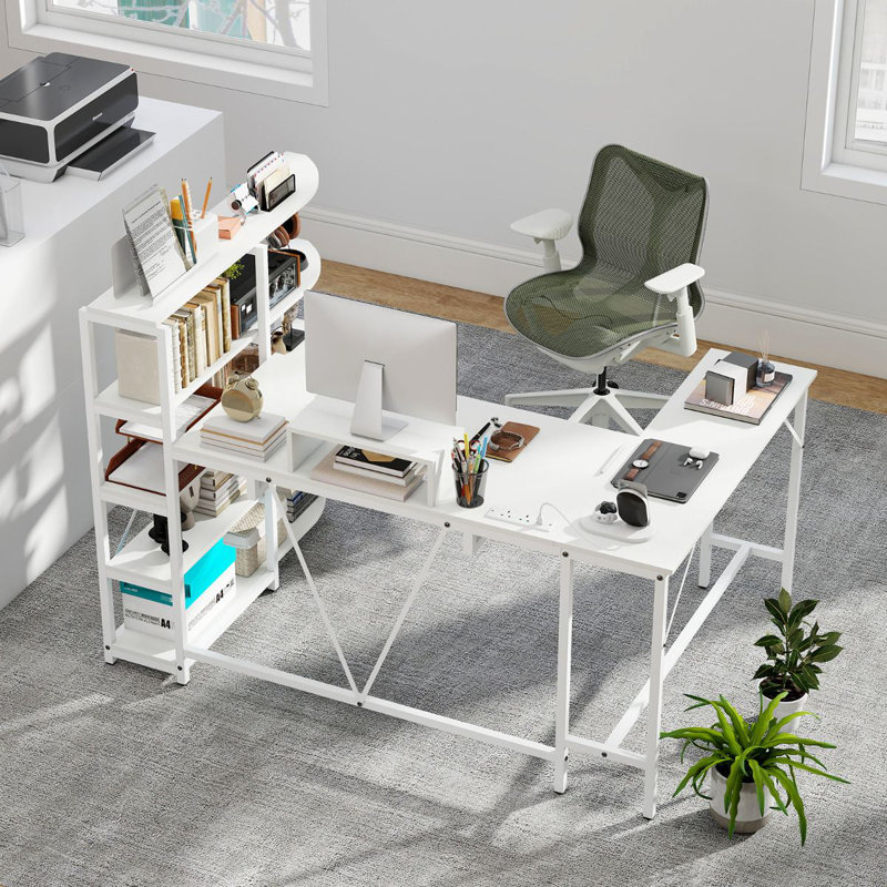 L-Shaped Metal Base Computer Desk, White