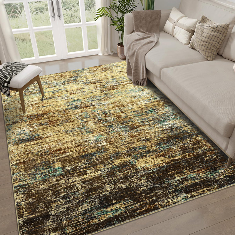 Large Area Rug 9 x 12 Washable Modern Abstract Living Room Rug with Non-Slip Backing, Contemporary Printed Floor Cover, Stain-Resistant Low Pile Accent Rug for Bedroom, Brown