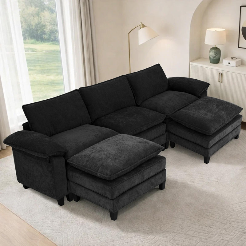 Canapé d'angle rembourré avec 2 repose-pieds, Tissu noir, H 37,4 po x l 113 po x P 61 po