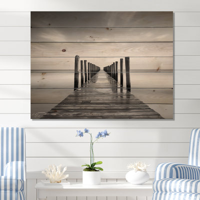 Black And White Pier Horizon I - Coastal Pier Wood Wall Art On Natural Pine Wood