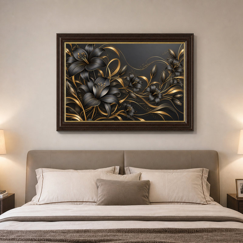 Art mural sur toile noir et doré avec des accents dorés tourbillonnants, H 16 po x l 24 po