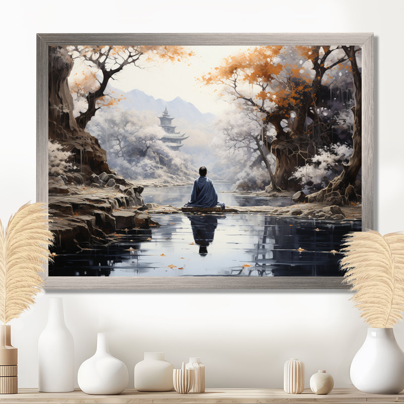 «Gray Buddhism Enlightened Path II», reproduction d'art sur toile, H 12 po x l 20 po x P 1 po, Cadre flottant érable