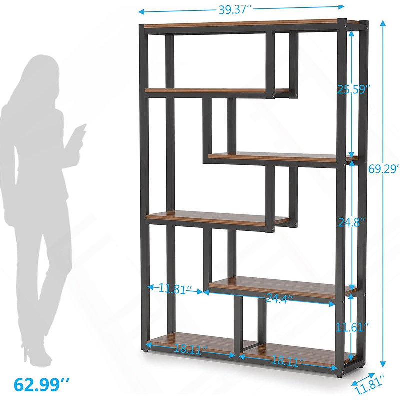 6-Tier Industrial Etagere Bookcase With Asymmetrical Open Shelves For Stylish And Functional Vertical Storage.