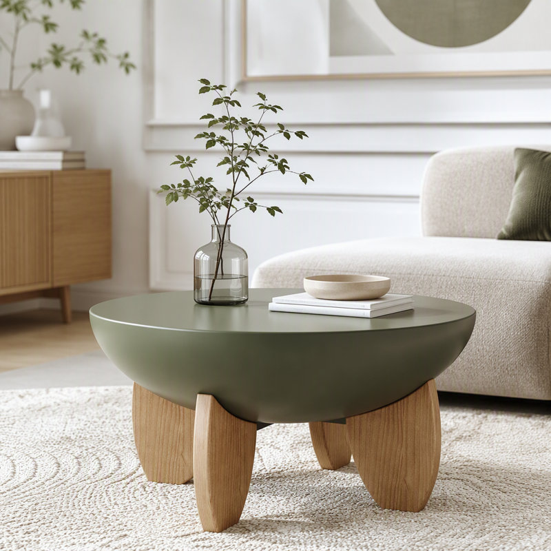 Table basse ronde moderne de 30 po, table centrale en forme de bol avec pieds en bois massif, plateau de table lisse peint, assemblage facile, table basse Mid-Century