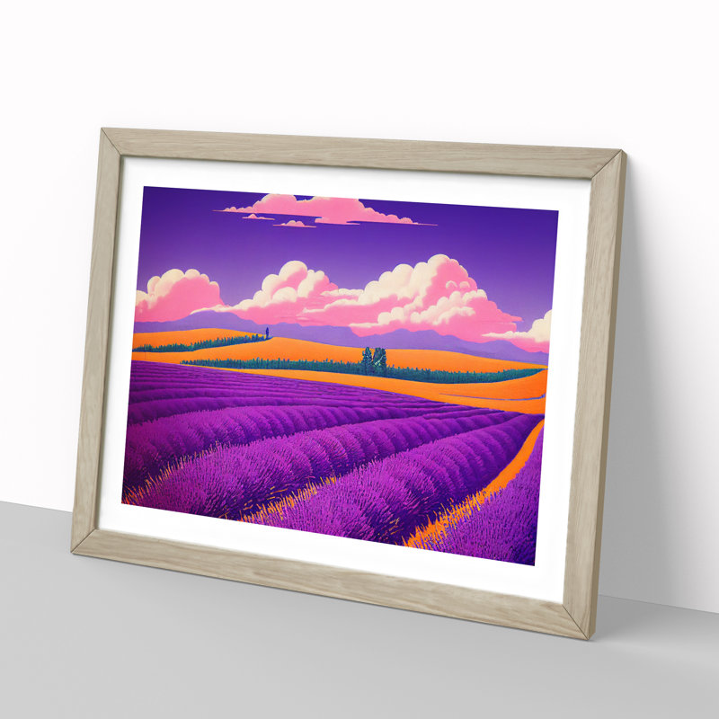 Ingenious Lavender Flower Field - Single Picture Frame Print, 46cm H x 64cm W x 2cm D, Oak