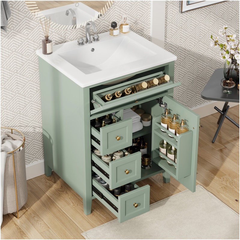"24" Green Bathroom Vanity With Sink, MDF & Rubberwood Construction, 3 Drawers & Cabinet With Adjustable Shelves, Modern Design For Small To Medium Bathrooms"