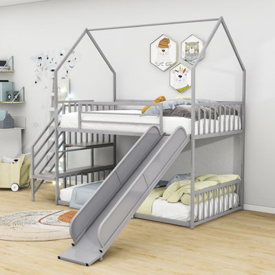 Salemburg Kids Twin over Twin Metal House Bunk Bed with Slide and Stairs -  Harper Orchard, BA6498C7AD51479FB51BFDF915BA0FE4