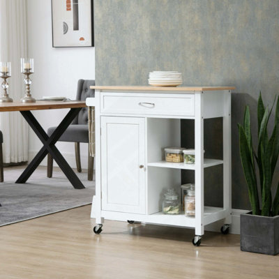 Chariot pour îlot de cuisine, îlot de cuisine avec rangement, plateau en bois massif, tiroir, pour la salle à manger