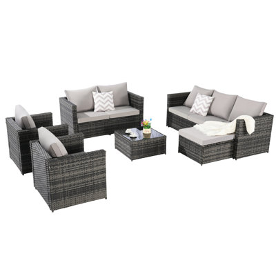 All Weather 6 Patio - With Cushions, Pillows & Glass Table For Garden, Bistro Stainproof Garden Furniture Lawn, Porch Scratch-