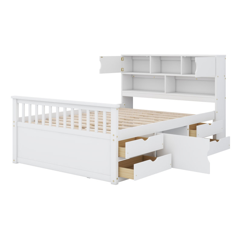 Base de lit plateforme capitaine avec bibliothèques de rangement et tablettes, quatre tiroirs, Blanc