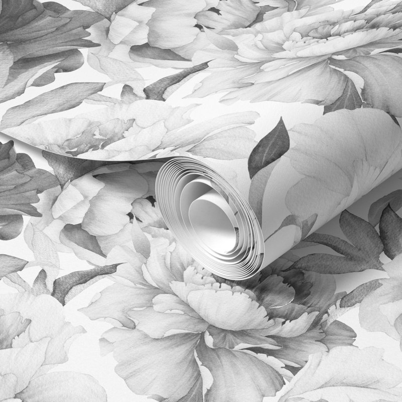 Rouleau de papier peint autoadhésif à motif floral de pivoines en couleur à l'aquarelle noir et blanc Jormunagand fabriqué au États-Unis