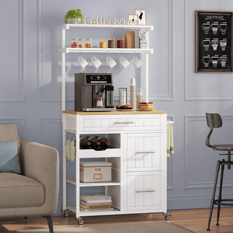 Îlot de cuisine avec rangement, chariot d'îlot de cuisine roulant avec tablettes et tiroirs, Blanc