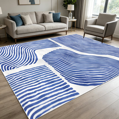 Tapis de style minimaliste moderne à rayures ondulées bleu marine et blanc de 1 pièce pour le salon, doux et confortable, adapté à toutes les saisons, facile à entretenir, lavable à la machine, tapis de dessous de table convenant à la salle à manger, la chambre à coucher, la maison