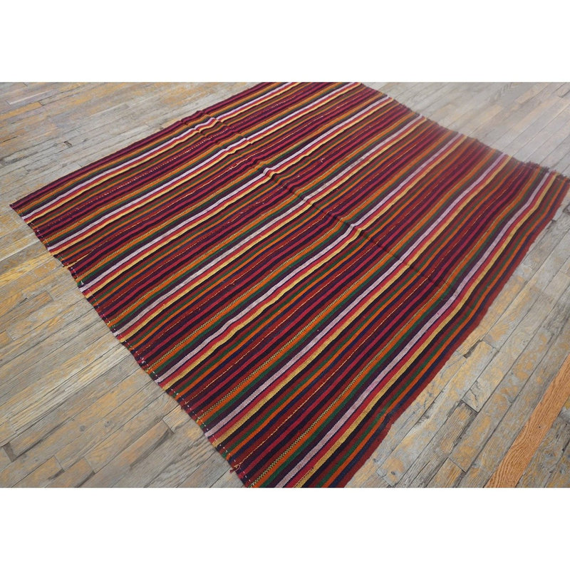 Multicolor Field Striped Vintage Mid-century Turkish Kilim Rug 5'0" x 5'0" Area Rug