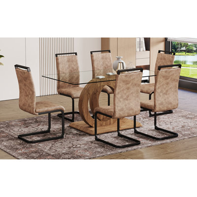 Modern 7-piece Dining Table Set With Tempered Glass Top, Mdf Wood Base & 6 Brown Fabric Chairs For Kitchen And Dining Room