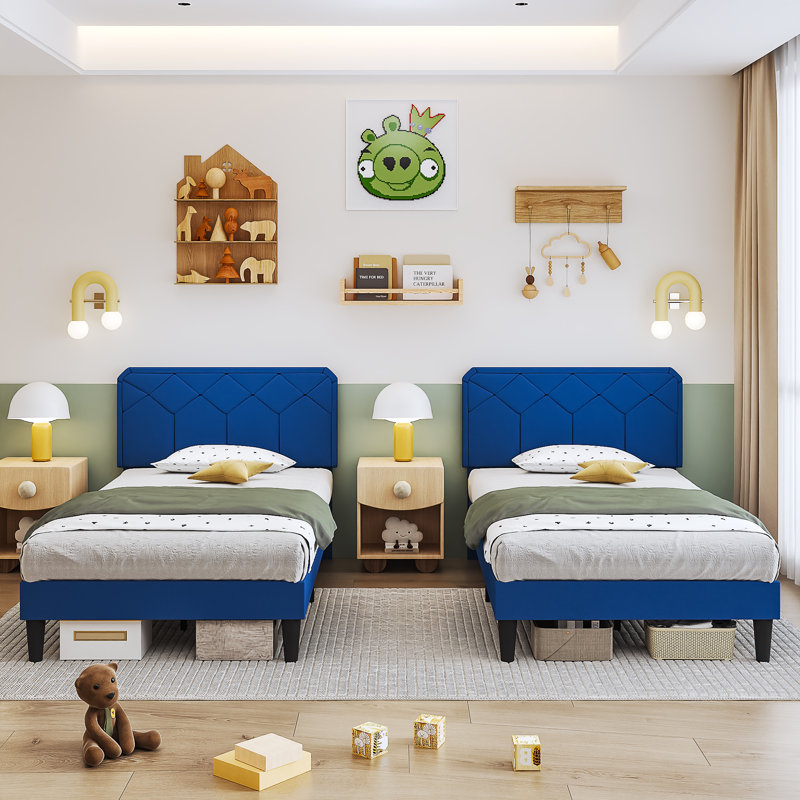 Aldora (Set of 2) Dark Blue Twin Size Upholstered Platform Bed Frame with Adjustable Headboard, No Box Spring Needed